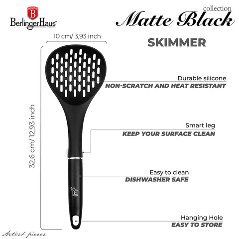aparato de cocina, BH/6212, Black Silver Collection, Black Vantage Collection, cookwareset, ekitchen, Espumadera, herramienta de cocina, herramientas de cocina, kitchen tools, Kitchen Utensils, kitchenutensil, Matte Black Collection, negra, plateada, Skimmer, utensilio de cocina, Imagen conceptual: producto y función clave.