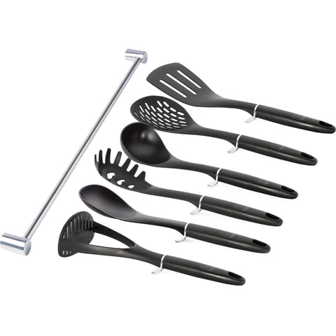 Juego de herramientas de cocina, herramientas de cocina, utensilios de cocina, utensilios de cocina, aparatos de cocina, percha de acero inoxidable, Juego de herramientas de cocina de 7 piezas con percha, negro/plata,,BH/6327