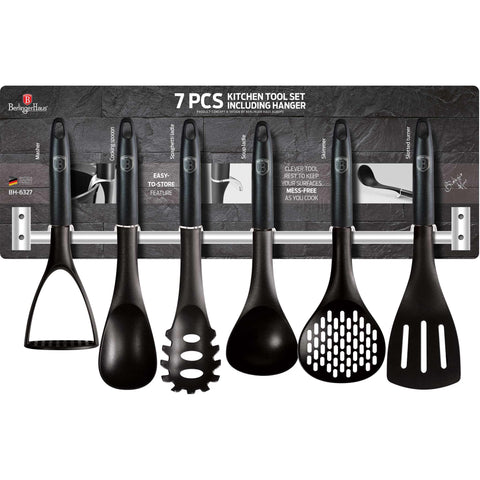 Juego de herramientas de cocina, herramientas de cocina, utensilios de cocina, utensilios de cocina, aparatos de cocina, percha de acero inoxidable, Juego de herramientas de cocina de 7 piezas con percha, negro/plata,,BH/6327