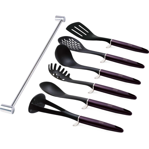  BH/6331, Juego de herramientas de cocina de 7 piezas con percha de acero inoxidable, Morado, Juego de herramientas de cocina de 7 piezas con percha y pata inteligente, juego de herramientas de cocina, herramientas de cocina, utensilios de cocina, utensilios de cocina, aparatos de cocina, percha de acero inoxidable, Juego de utensilios