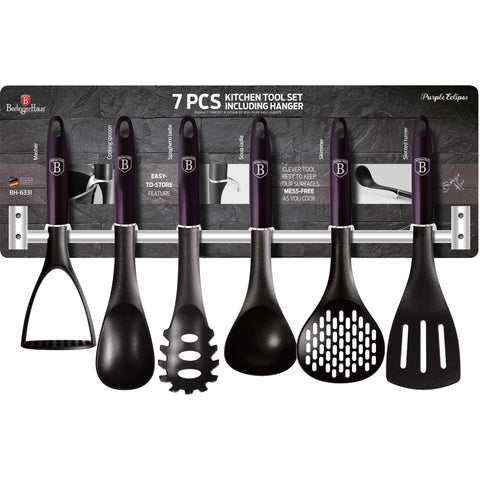  BH/6331, Juego de herramientas de cocina de 7 piezas con percha de acero inoxidable, Morado, Juego de herramientas de cocina de 7 piezas con percha y pata inteligente, juego de herramientas de cocina, herramientas de cocina, utensilios de cocina, utensilios de cocina, aparatos de cocina, percha de acero inoxidable, Juego de utensilios