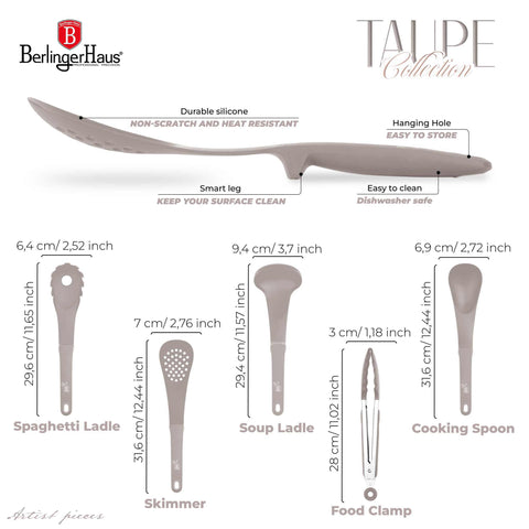 BH/6335, juego de herramientas de cocina de 5 piezas, color topo mate, juego de herramientas de cocina de 5 piezas, juego de herramientas de cocina, herramientas de cocina, utensilios de cocina, utensilios de cocina, aparatos de cocina, cucharón para sopa, cuchara de cocina, espumadera, cucharón para espaguetis, pinza para alimentos, juego de utensilios