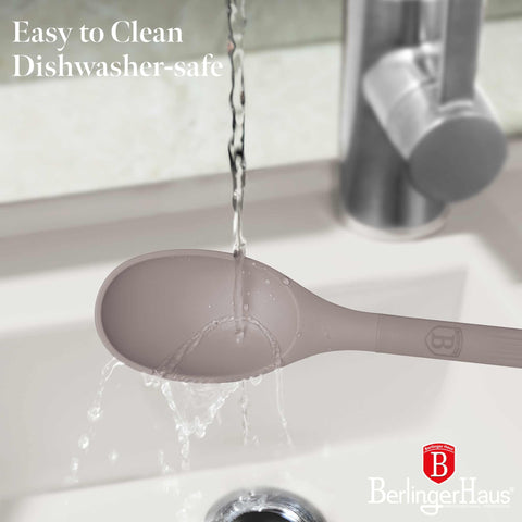 Product image of 5pcs kitchen tool set. Part of the Taupe Collection . Features: • Material: nylon, plastic • Include: • Soup ladle 1 pc • Cooking spoon 1 pc • Spaghetti ladle 1 pc • Skimmer 1 pc • Food clamp (nylon) • Color: taupe. (Studio view). Official Berlinger Haus product, boosted by Promintra sl.