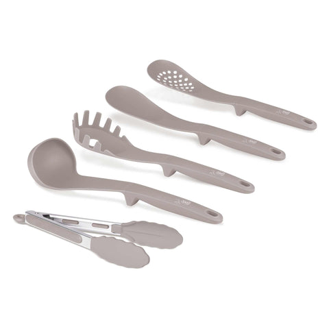 Product image of 5pcs kitchen tool set. Part of the Taupe Collection . Features: • Material: nylon, plastic • Include: • Soup ladle 1 pc • Cooking spoon 1 pc • Spaghetti ladle 1 pc • Skimmer 1 pc • Food clamp (nylon) • Color: taupe. (Studio view). Official Berlinger Haus product, boosted by Promintra sl.