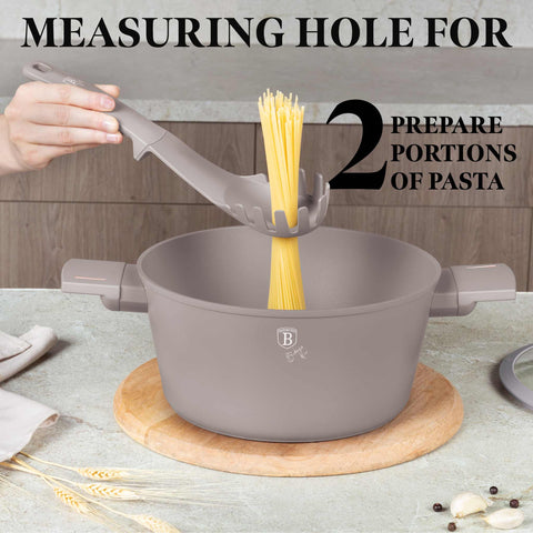 Product image of 5pcs kitchen tool set. Part of the Taupe Collection . Features: • Material: nylon, plastic • Include: • Soup ladle 1 pc • Cooking spoon 1 pc • Spaghetti ladle 1 pc • Skimmer 1 pc • Food clamp (nylon) • Color: taupe. (Studio view). Official Berlinger Haus product, boosted by Promintra sl.