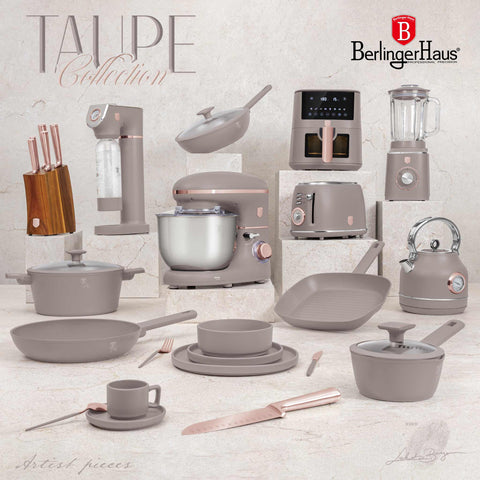 Product image of 5pcs kitchen tool set. Part of the Taupe Collection . Features: • Material: nylon, plastic • Include: • Soup ladle 1 pc • Cooking spoon 1 pc • Spaghetti ladle 1 pc • Skimmer 1 pc • Food clamp (nylon) • Color: taupe. (Studio view). Official Berlinger Haus product, boosted by Promintra sl.