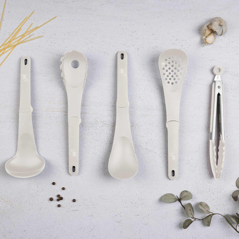  BH/6336, BH/6336N, juego de herramientas de cocina de 5 piezas, crema mate, juego de herramientas de cocina de 5 piezas, juego de herramientas de cocina, herramientas de cocina, utensilios de cocina, utensilios de cocina, aparatos de cocina, cucharón para sopa, cuchara de cocina, espumadera, cucharón para espaguetis, pinza para alimentos, juego de utensilios