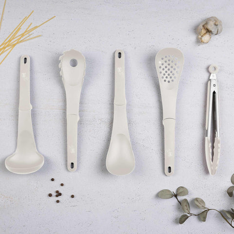  BH/6336, BH/6336N, juego de herramientas de cocina de 5 piezas, crema mate, juego de herramientas de cocina de 5 piezas, juego de herramientas de cocina, herramientas de cocina, utensilios de cocina, utensilios de cocina, aparatos de cocina, cucharón para sopa, cuchara de cocina, espumadera, cucharón para espaguetis, pinza para alimentos, juego de utensilios