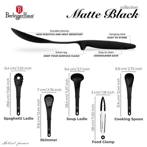  BH/6338, BH/6338N, Juego de utensilios de cocina de 5 piezas, Negro mate, Juego de utensilios de cocina de 5 piezas, Juego de herramientas de cocina, Herramientas de cocina, Utensilios de cocina, Utensilios de cocina, Utensilios de cocina, Cucharón para sopa, Cuchara para cocinar, Espumadera, Cucharón para espaguetis, Pinza para alimentos, Juego de utensilios