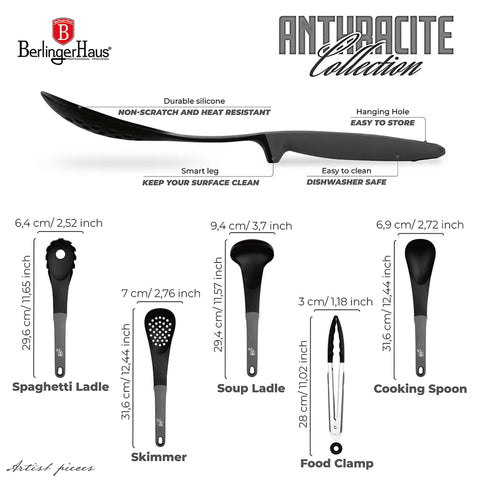  BH/6339,BH/6339N,Juego de utensilios de cocina de 5 piezas,Antracita mate,Juego de utensilios de cocina de 5 piezas,Juego de herramientas de cocina,Utensilios de cocina,Utensilios de cocina,Aparatos de cocina,Cazo para sopa,Cuchara para cocinar,Espumadera,Cazo para espaguetis,Pinza para alimentos,Juego de utensilios