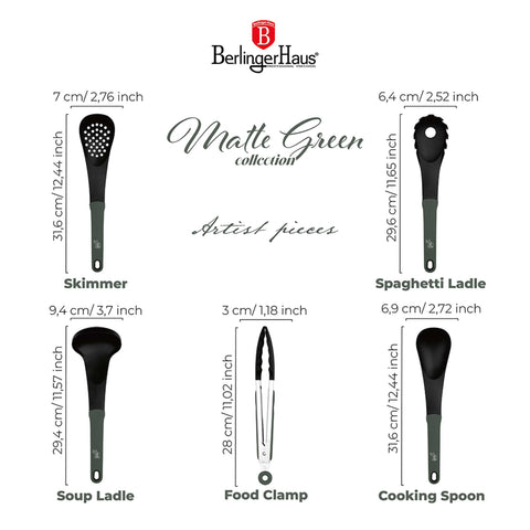  BH/6341,BH/6341N,Juego de utensilios de cocina de 5 piezas,Verde mate,Juego de utensilios de cocina de 5 piezas,Juego de herramientas de cocina,Utensilios de cocina,Utensilios de cocina,Aparatos de cocina,Cucharón para sopa,Cuchara para cocinar,Espumadera,Cucharón para espaguetis,Pinza para alimentos,Juego de utensilios