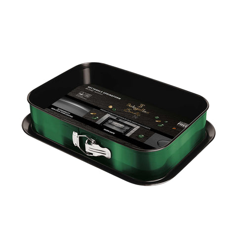 Product image of Rectangle springform 39x27cm. Part of the Emerald Collection . Features: • Material: carbon steel with titan non-stick coating • Size: 35*23*6,5 cm • Base size: 39*27 cm • Color: metallic emerald. (Studio view). Official Berlinger Haus product, boosted by Promintra sl.