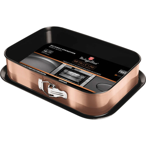 Product image of Rectangle springform 39x27cm. Part of the Metallic Line Rose Gold Edition . Features: • Material: carbon steel with titan non-stick coating • Size: 35*23*6,5 cm • Base size: 39*27 cm • Color: metallic rose gold. (Studio view). Official Berlinger Haus product, boosted by Promintra sl.
