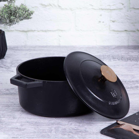 BH/6491, Cacerola de hierro fundido de 20 cm, color negro y oro rosa, cacerola de 20 cm, hierro fundido, cacerola, olla, cacerola con tapa, utensilios de cocina, cocina, ollas y cazuelas