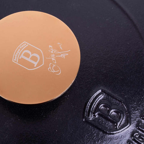 BH/6491, Cacerola de hierro fundido de 20 cm, color negro y oro rosa, cacerola de 20 cm, hierro fundido, cacerola, olla, cacerola con tapa, utensilios de cocina, cocina, ollas y cazuelas