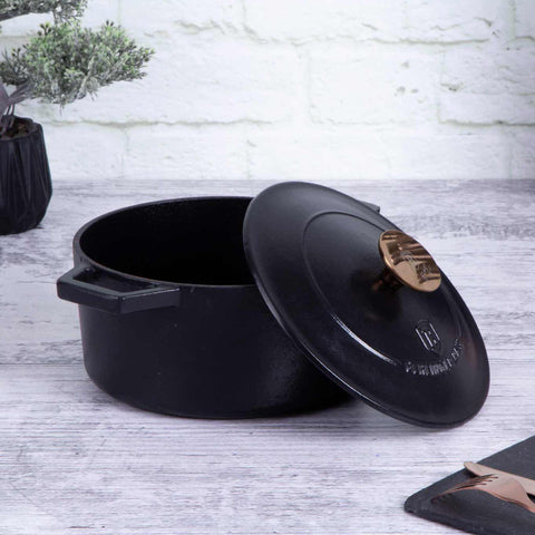 BH/6491, Cacerola de hierro fundido de 20 cm, color negro y oro rosa, cacerola de 20 cm, hierro fundido, cacerola, olla, cacerola con tapa, utensilios de cocina, cocina, ollas y cazuelas