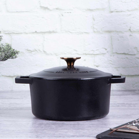 BH/6491, Cacerola de hierro fundido de 20 cm, color negro y oro rosa, cacerola de 20 cm, hierro fundido, cacerola, olla, cacerola con tapa, utensilios de cocina, cocina, ollas y cazuelas