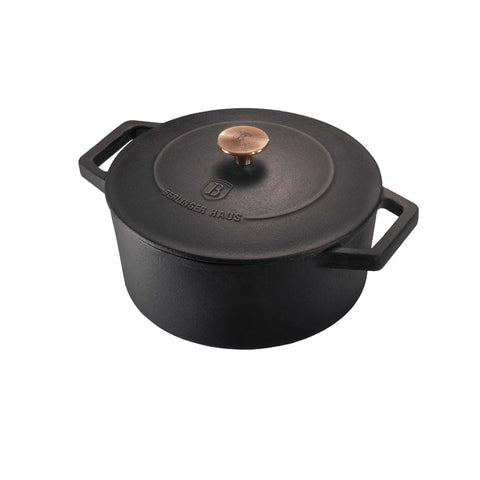 Product image of Casserole 24cm cast iron. Part of the Strong Mold Seria . Features: • Material: cast iron with ENAMEL coating • Size: Ø24*11 cm 4,35 L • Color: matt black. (Studio view). Official Berlinger Haus product, boosted by Promintra sl.