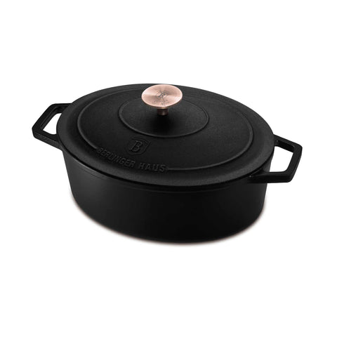  BH/6494, Asador ovalado de 30 cm de hierro fundido, Negro, Oro rosa, Asador ovalado de 30 cm, hierro fundido, asador, asador ovalado, asador con tapa, utensilios para hornear, horneado