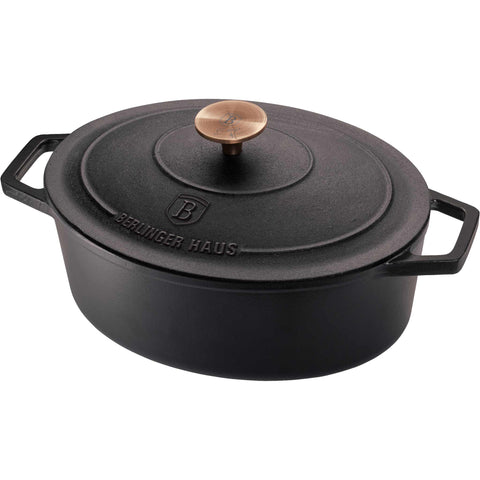 asador, asador ovalado, asador con tapa, utensilios para hornear, hornear, hierro fundido, hierro fundido, asador ovalado de 30 cm, negro/oro rosa,,BH/6494