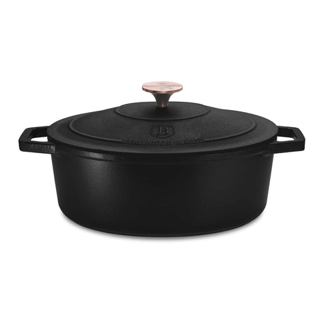  BH/6494, Asador ovalado de 30 cm de hierro fundido, Negro, Oro rosa, Asador ovalado de 30 cm, hierro fundido, asador, asador ovalado, asador con tapa, utensilios para hornear, horneado
