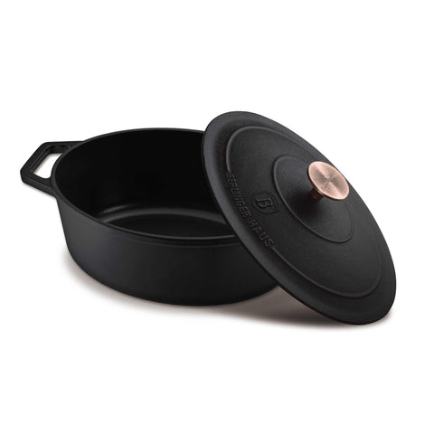  BH/6494, Asador ovalado de 30 cm de hierro fundido, Negro, Oro rosa, Asador ovalado de 30 cm, hierro fundido, asador, asador ovalado, asador con tapa, utensilios para hornear, horneado