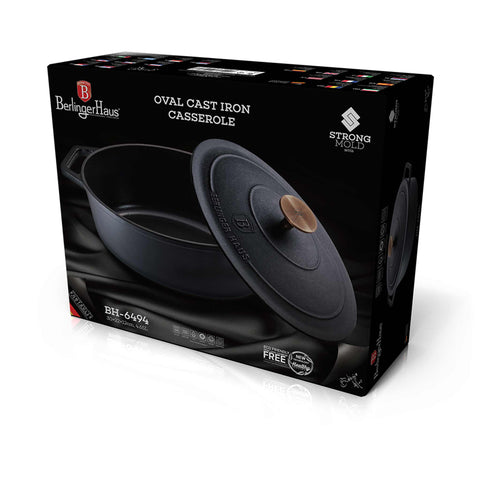  BH/6494, Asador ovalado de 30 cm de hierro fundido, Negro, Oro rosa, Asador ovalado de 30 cm, hierro fundido, asador, asador ovalado, asador con tapa, utensilios para hornear, horneado