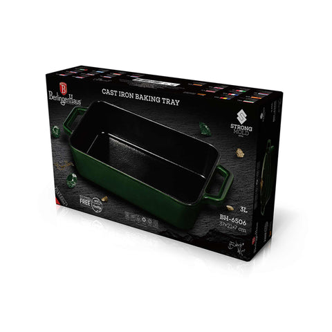 Product image of Roaster 30cm cast iron. Part of the Strong Mold Seria . Features: • Material: cast iron with 2 layers shiny ENAMEL coating • Size: Ø30*20 cm 3 L • Color: emerald. (Studio view). Official Berlinger Haus product, boosted by Promintra sl.