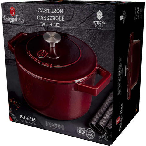  BH/6516, Cacerola de hierro fundido de 20 cm, color burdeos, rojo, cacerola de 20 cm, hierro fundido, cacerola, olla, cacerola con tapa, utensilios de cocina, cocina, ollas y cazuelas