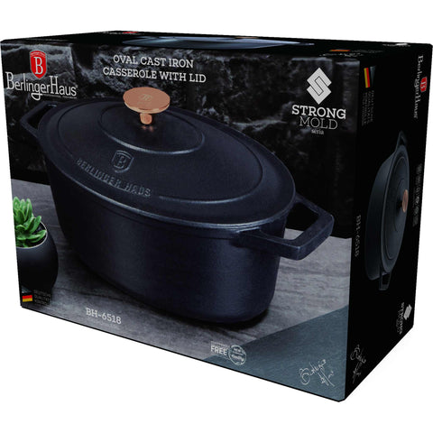  BH/6518, Asador ovalado de 32 cm de hierro fundido, Negro, Oro rosa, Asador ovalado de 32 cm, hierro fundido, asador, asador ovalado, asador con tapa, utensilios para hornear, hornear, Bandeja para asar