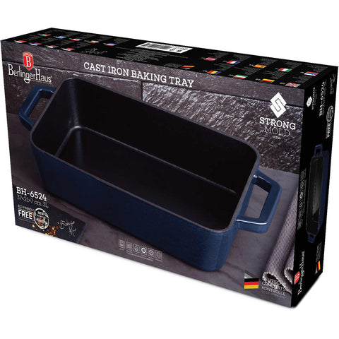 Product image of Roaster 30cm cast iron. Part of the Strong Mold Seria . Features: • Material: cast iron with 2 layers shiny ENAMEL coating • Size: Ø30*20 cm 3 L • Color: aquamarine. (Studio view). Official Berlinger Haus product, boosted by Promintra sl.