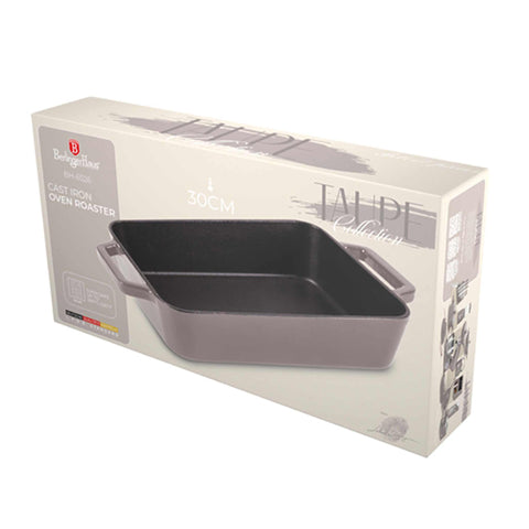 Product image of Roaster 30cm cast iron. Part of the Taupe Collection . Features: • Material: cast iron with 3 layers shiny ENAMEL coating • Size: Ø30*20 cm 3 L • Color: taupe. (Studio view). Official Berlinger Haus product, boosted by Promintra sl.