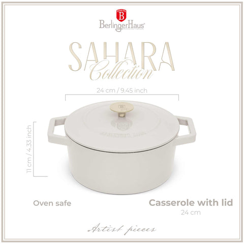 Product image of Casserole 24cm cast iron. Part of the Sahara Collection . Features: • Material: cast iron with 3 layers shiny ENAMEL coating • Size: Ø24*11 cm 4,35 L • Color: cream. (Studio view). Official Berlinger Haus product, boosted by Promintra sl.