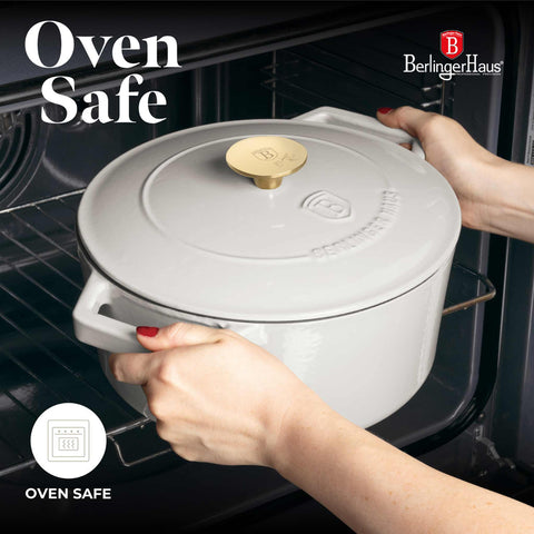 Product image of Casserole 24cm cast iron. Part of the Sahara Collection . Features: • Material: cast iron with 3 layers shiny ENAMEL coating • Size: Ø24*11 cm 4,35 L • Color: cream. (Studio view). Official Berlinger Haus product, boosted by Promintra sl.