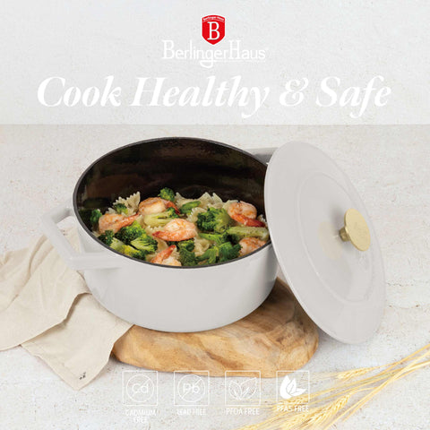 Product image of Casserole 24cm cast iron. Part of the Sahara Collection . Features: • Material: cast iron with 3 layers shiny ENAMEL coating • Size: Ø24*11 cm 4,35 L • Color: cream. (Studio view). Official Berlinger Haus product, boosted by Promintra sl.
