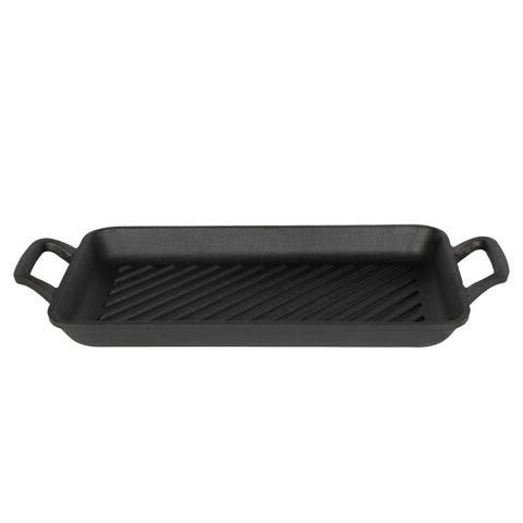Product image of Rectangle grill plate 33cm cast iron. Part of the Strong Mold Seria . Features: • Material: cast iron with outside/inside oil coating • Size: 33,2*22*4,5 cm 2,3 kg • Color: black. (Studio view). Official Berlinger Haus product, boosted by Promintra sl.
