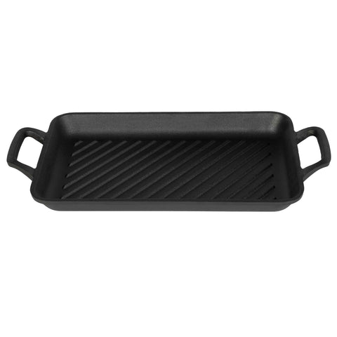 Product image of Rectangle grill plate 33cm cast iron. Part of the Strong Mold Seria . Features: • Material: cast iron with outside/inside oil coating • Size: 33,2*22*4,5 cm 2,3 kg • Color: black. (Studio view). Official Berlinger Haus product, boosted by Promintra sl.