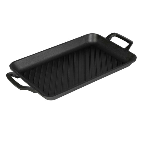 Product image of Rectangle grill plate 33cm cast iron. Part of the Strong Mold Seria . Features: • Material: cast iron with outside/inside oil coating • Size: 33,2*22*4,5 cm 2,3 kg • Color: black. (Studio view). Official Berlinger Haus product, boosted by Promintra sl.
