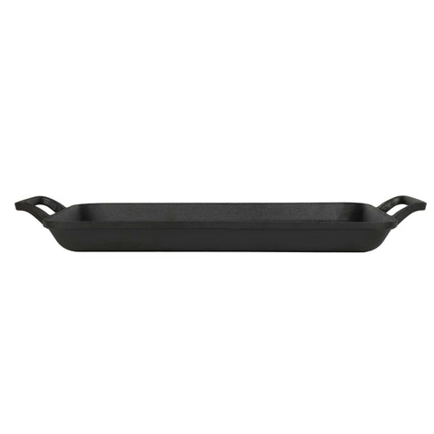Product image of Rectangle grill plate 33cm cast iron. Part of the Strong Mold Seria . Features: • Material: cast iron with outside/inside oil coating • Size: 33,2*22*4,5 cm 2,3 kg • Color: black. (Studio view). Official Berlinger Haus product, boosted by Promintra sl.