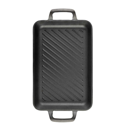 Product image of Rectangle grill plate 33cm cast iron. Part of the Strong Mold Seria . Features: • Material: cast iron with outside/inside oil coating • Size: 33,2*22*4,5 cm 2,3 kg • Color: black. (Studio view). Official Berlinger Haus product, boosted by Promintra sl.