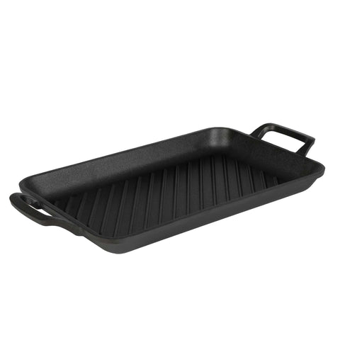 Product image of Rectangle grill plate 33cm cast iron. Part of the Strong Mold Seria . Features: • Material: cast iron with outside/inside oil coating • Size: 33,2*22*4,5 cm 2,3 kg • Color: black. (Studio view). Official Berlinger Haus product, boosted by Promintra sl.