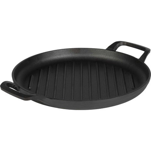 Product image of Round grill plate 33cm cast iron. Part of the Strong Mold Seria . Features: • Material: cast iron with outside/inside oil coating • Size: 32,9*25*2,5 cm 1,95 kg • Color: black. (Studio view). Official Berlinger Haus product, boosted by Promintra sl.