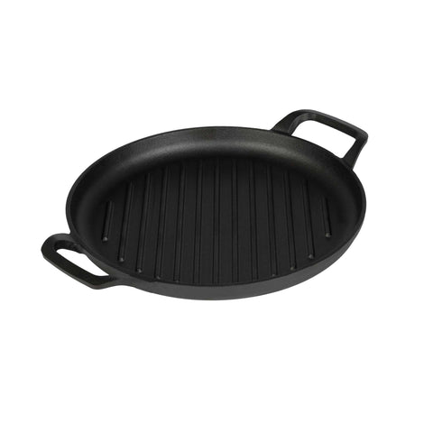 Product image of Round grill plate 33cm cast iron. Part of the Strong Mold Seria . Features: • Material: cast iron with outside/inside oil coating • Size: 32,9*25*2,5 cm 1,95 kg • Color: black. (Studio view). Official Berlinger Haus product, boosted by Promintra sl.