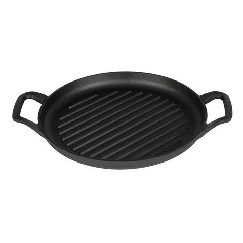 Product image of Round grill plate 33cm cast iron. Part of the Strong Mold Seria . Features: • Material: cast iron with outside/inside oil coating • Size: 32,9*25*2,5 cm 1,95 kg • Color: black. (Studio view). Official Berlinger Haus product, boosted by Promintra sl.