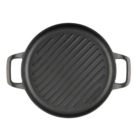 Product image of Round grill plate 33cm cast iron. Part of the Strong Mold Seria . Features: • Material: cast iron with outside/inside oil coating • Size: 32,9*25*2,5 cm 1,95 kg • Color: black. (Studio view). Official Berlinger Haus product, boosted by Promintra sl.