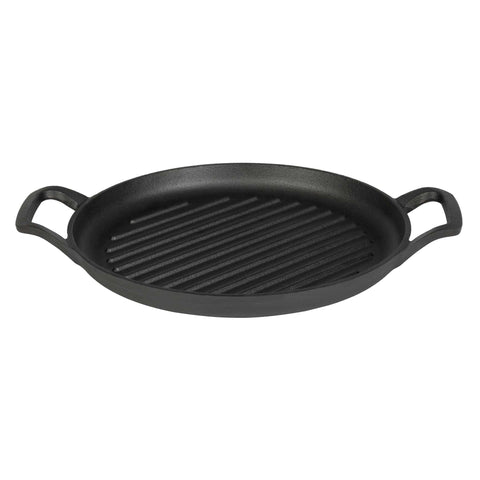 Product image of Round grill plate 33cm cast iron. Part of the Strong Mold Seria . Features: • Material: cast iron with outside/inside oil coating • Size: 32,9*25*2,5 cm 1,95 kg • Color: black. (Studio view). Official Berlinger Haus product, boosted by Promintra sl.