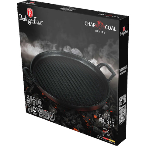 Product image of Round grill plate 30cm cast iron. Part of the Strong Mold Seria . Features: • Material: cast iron • Size: 30*2,15 cm • Color: black. (Studio view). Official Berlinger Haus product, boosted by Promintra sl.
