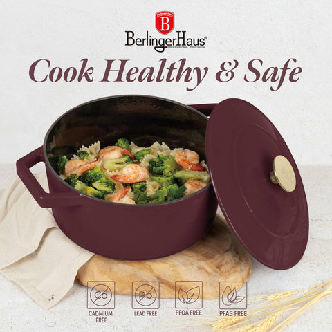  BH/6542, Cacerola de hierro fundido de 24 cm, Burdeos mate, Cacerola de 24 cm, Hierro fundido, Cacerola, Olla, Cacerola con tapa, Batería de cocina, Cocina, Ollas y cazuelas