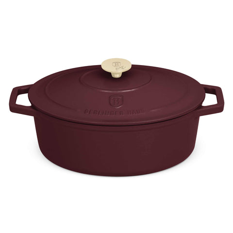  BH/6543, Asador ovalado de hierro fundido de 30 cm, Burdeos mate, Asador ovalado de 30 cm, hierro fundido, asador, asador ovalado, asador con tapa, utensilios para hornear, hornear, bandeja para asar