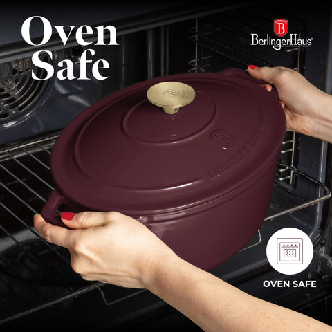  BH/6543, Asador ovalado de hierro fundido de 30 cm, Burdeos mate, Asador ovalado de 30 cm, hierro fundido, asador, asador ovalado, asador con tapa, utensilios para hornear, hornear, bandeja para asar